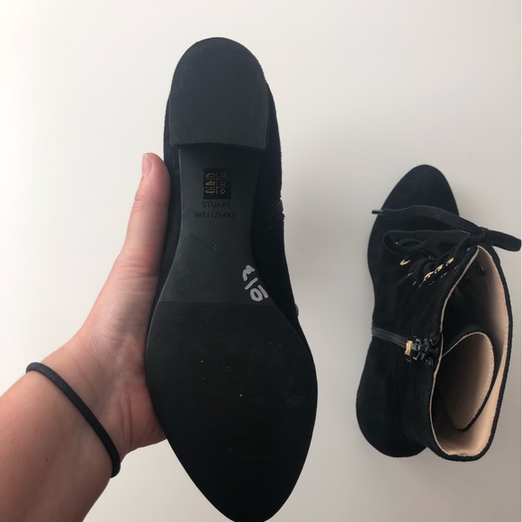 Stuart Weitzman Nichelle Black Suede Block-Heel Booties Lace-Up Size 8 Grommets - Picture 11 of 14